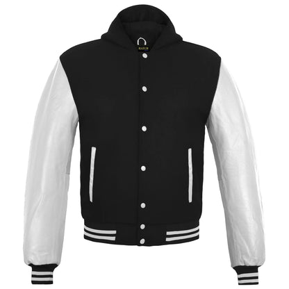 Hatch Sports Womens Hoodie Wool body Genuine Cowhide Leather Arm Sleeves College Letterman Varsity HoodieHoodie Wool+Leather Black/White