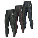 Mens compression tights in black with red and blue accents, perfect for gym, running, and fitness activities.
