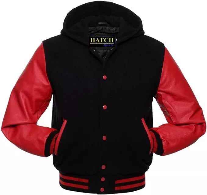 Hatch Sports Mens Varsity Baseball Hoodie Style Wool Body Genuine Leather Arms Varsity Jacket
