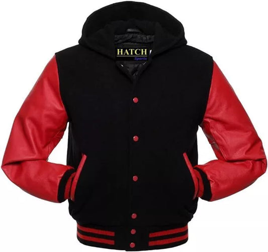 Hatch Sports Mens Varsity Baseball Hoodie Style Wool Body Genuine Leather Arms Varsity Jacket