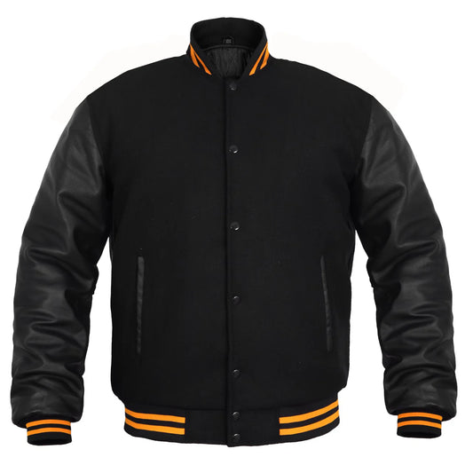 Hatch Sports Women Jacket Wool Body Genuine Leather Arm Sleeves Baseball College Letterman Jacket All Black(Yellow Line)