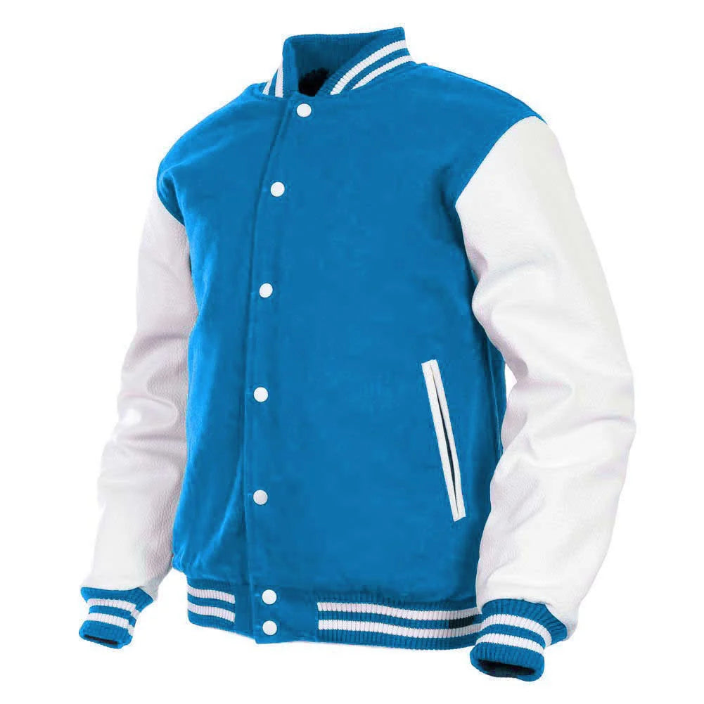 Hatch Sports Women Varsity Jacket Wool+Genuine Cowhide Leather Sky Blue/White