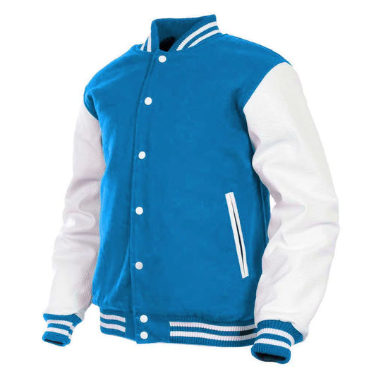 Hatch Sports Women Varsity Jacket Wool+Genuine Cowhide Leather Sky Blue/White