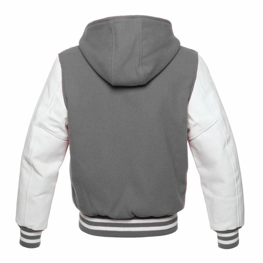Hatch Sports Women Hoodie Wool Body + Genuine Leather Arm Sleeves Varsity Style Hoodie Grey/White