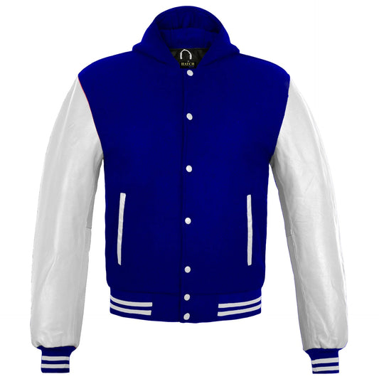Hatch Sports Women Hoodie Wool+Leather Baseball College/School Letterman Varsity Style Navy Blue/White Hoodie