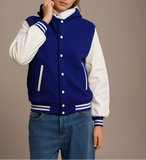 women's varsity hoodie navy blue white modeled by a person, showcasing college style with high-quality materials.