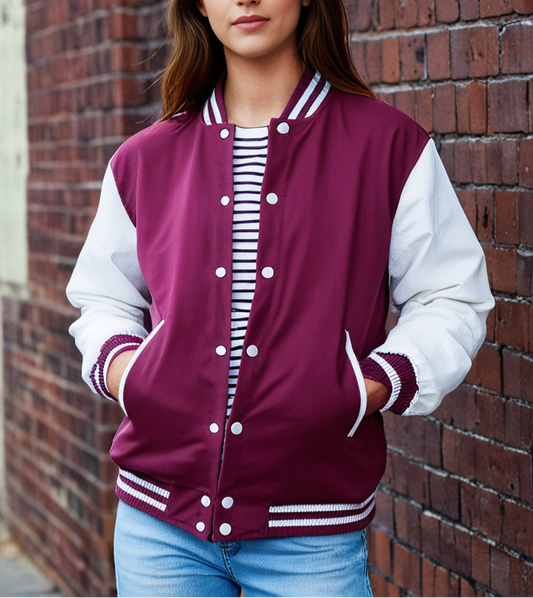 Hatch Sports Women Varsity Jacket Wool+Genuine Cowhide Leather Pink/White Hatch Sports
