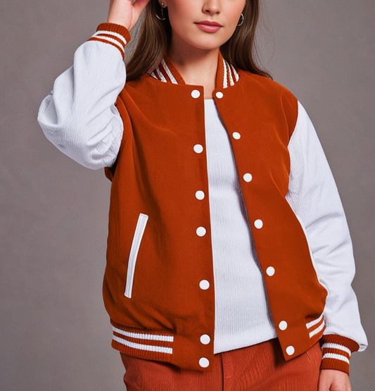 Hatch Sports Women Varsity Jacket Wool+Genuine Cowhide Leather Orange/White Hatch Sports