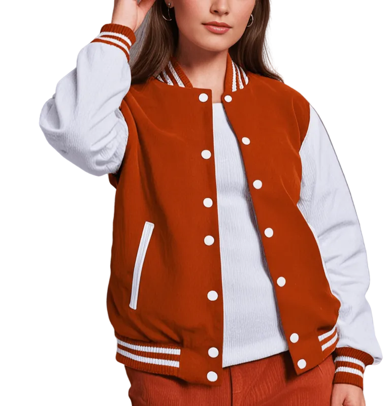 Hatch Sports Women Varsity Jacket Wool+Genuine Cowhide Leather Orange/White Hatch Sports