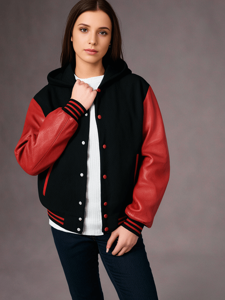 Hatch Sports Women Hoodie Wool+Leather College Varsity Jacket Style Black/Red Hoodie Hatch Sports