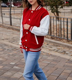 Hatch Sports Women Varsity Jacket Wool+Genuine Cowhide Leather Red/White Hatch Sports