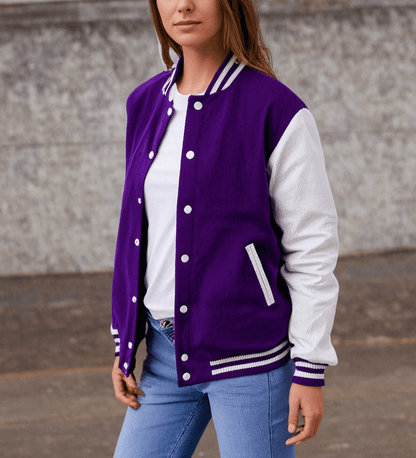 hatch Sports Women Varsity Jacket Wool+Genuine Leather Purple/White Hatch Sports