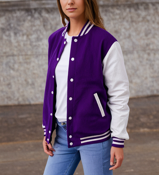 hatch Sports Women Varsity Jacket Wool+Genuine Leather Purple/White Hatch Sports
