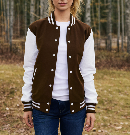 Hatch Sports Women Varsity Jacket Wool+Genuine Cowhide Leather Brown/White Hatch Sports