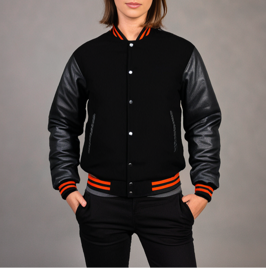 Hatch Sports Women Jacket Wool body All Black(Orange Line) Hatch Sports