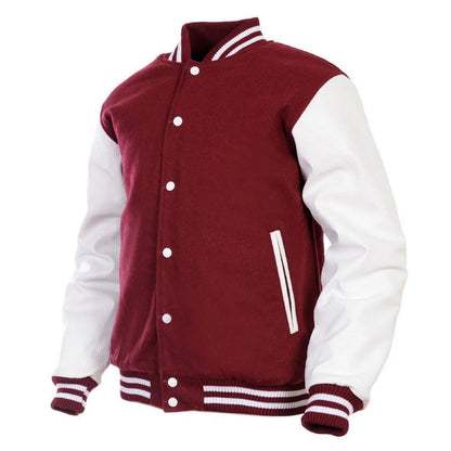 Hatch Sports Men’s Varsity Jacket Faux Leather Sleeve and Wool Body Maroon/White