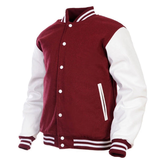 Hatch Sports Men’s Varsity Jacket Faux Leather Sleeve and Wool Body Maroon/White