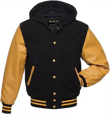 Hatch Sports Mens Varsity Baseball Hoodie Style Wool Body Genuine Leather Arms Varsity Jacket