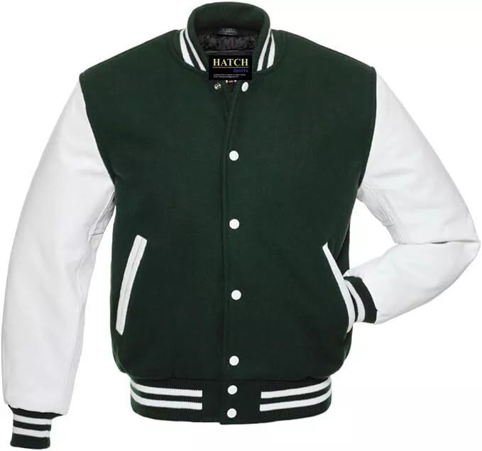 Hatch Sports Men’s Varsity Baseball Jacket Wool Body Genuine Cowhide Leather Arms Varsity